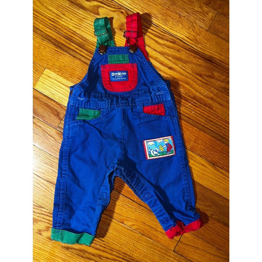 Vintage OshKosh Bgosh Colorblock Overalls Blue Red Green USA Made 6/9 Months